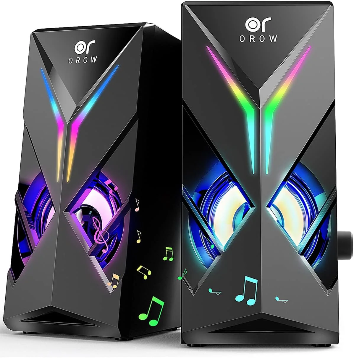 اسپیکر کامپیوتر RGB مدل OROW 10W با کنترل صدا، اسپیکرهای گیمینگ LED رنگارنگ برای PC/Desktop/Laptop/مانیتور، ورودی Aux 3.5 میلی‌متری، گزینه روشن/خاموش کردن چراغ (S201)