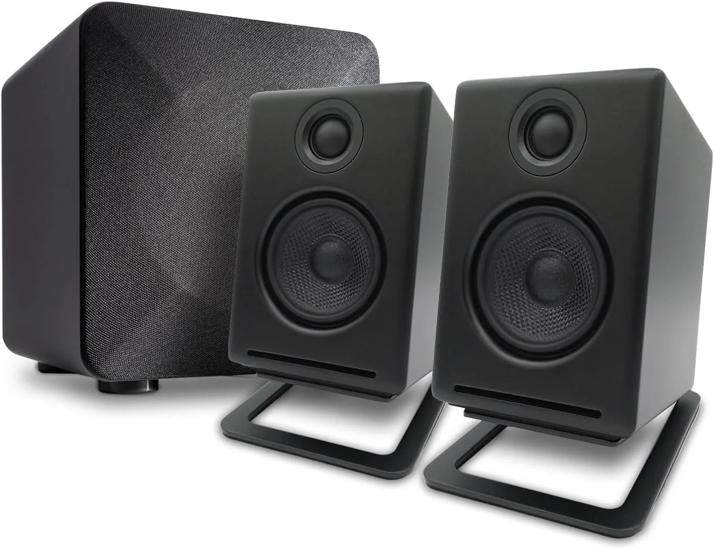 اسپیکرهای کامپیوتر Audioengine A2 مشکی با ساب ووفر S6 و پایه های DS1M
