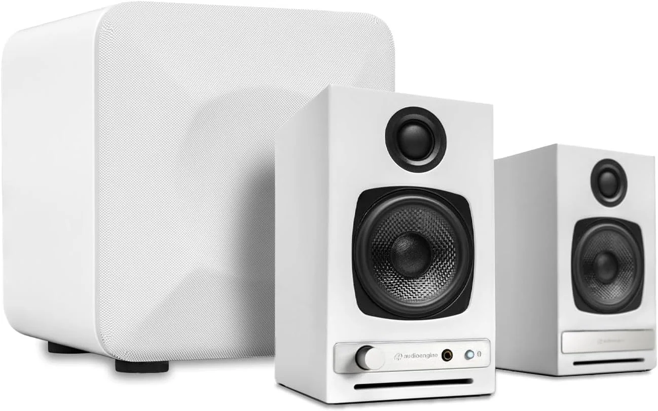 اسپیکرهای رومیزی 60 واتی Audioengine A2 HD (HD3) سفید برای کامپیوتر و ساب ووفر S6 سفید برای موسیقی، بازی، فیلم، استودیو، خوابگاه، اتاق خواب و دفاتر