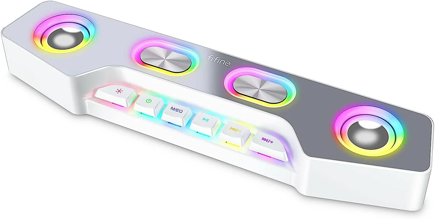 اسپیکرهای گیمینگ Fifine برای کامپیوتر، اسپیکرهای بلوتوثی بی سیم کامپیوتر با ورودی AUX برای لپ تاپ رومیزی، بلندگوهای RGB با کنترل صدا برای مهمانی، استریمینگ، جلسه A16 سفید