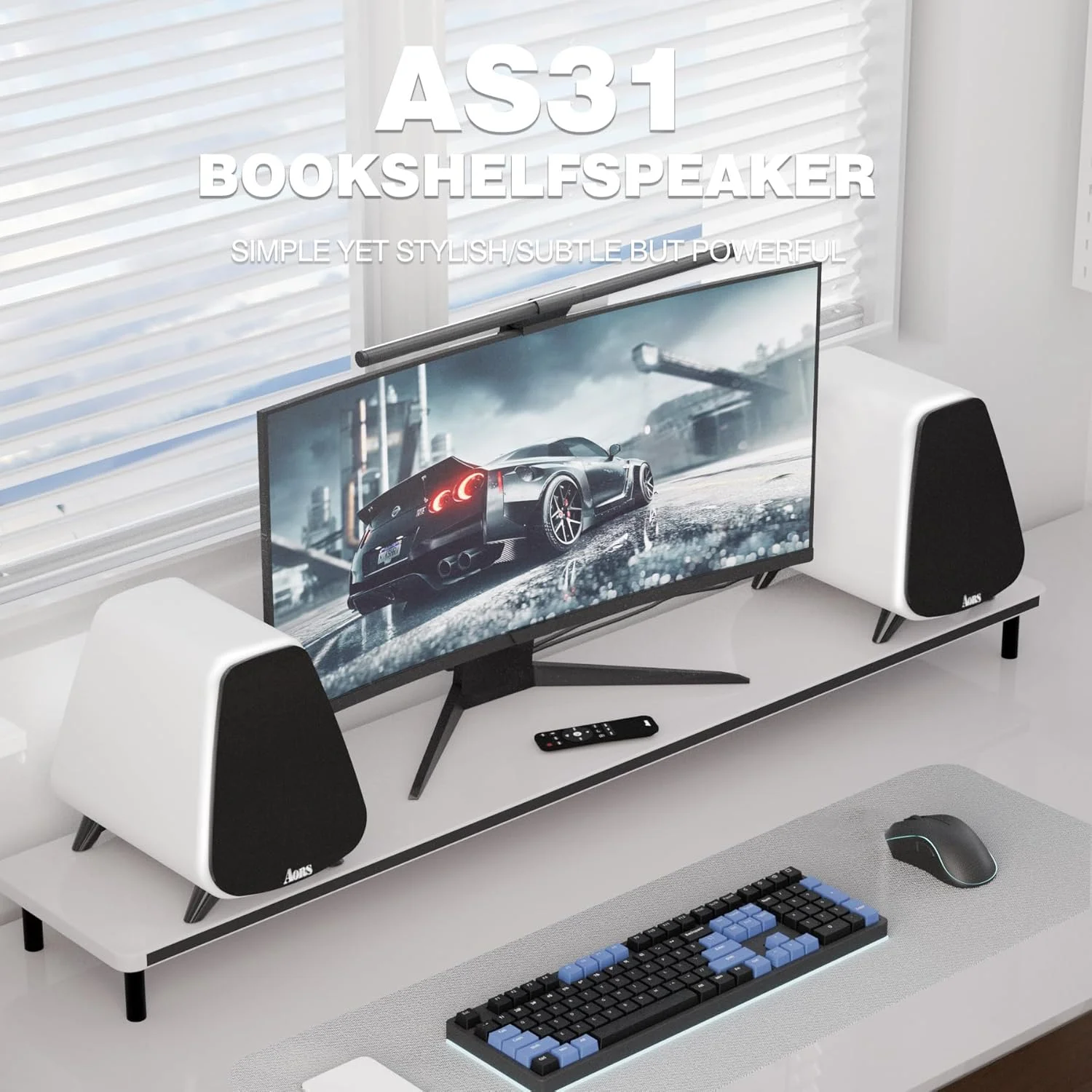 بلندگوهای قفسه کتاب بلوتوث دار AS31 - بلندگوهای استریو کامپیوتر رومیزی با توان 80WRMS و ورودی های RCA/Optic، بدنه چوبی فشرده (بنفش)