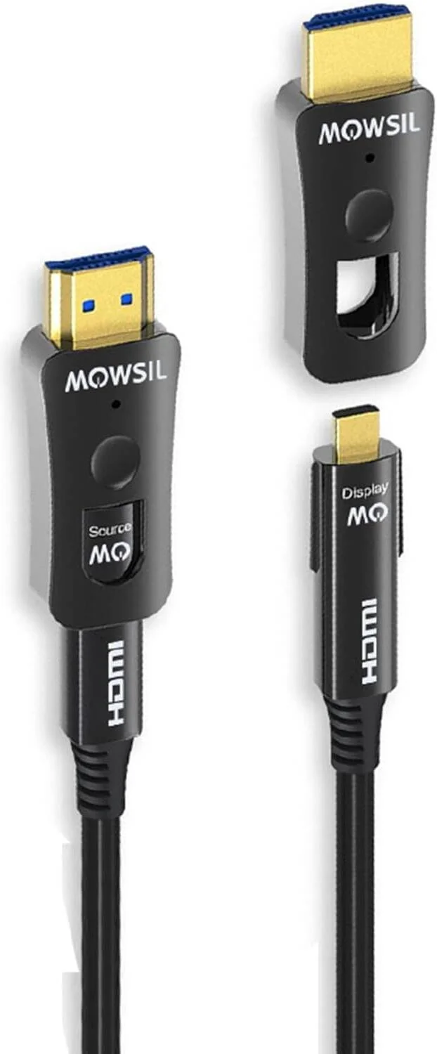 کابل HDMI نوری فعال جداشدنی MOWSIL، طول 30 متر، HDMI 2.0، سرعت بالا، UHD 4K@60Hz، پهنای باند 18 گیگابیت بر ثانیه، کانکتورهای روکش طلای 24 عیار، فیبر و مس ترکیبی، قطر خارجی 4.8 میلی متر، 30 متر | MOAC30D