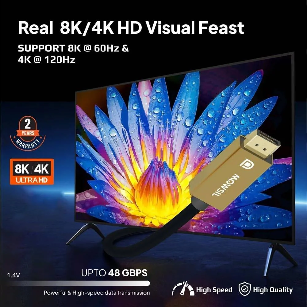 کابل DisplayPort 1.4 مووسیل 8K، طول 5 متر، 60 هرتز، 48 گیگابیت بر ثانیه، 4K 144 هرتز، روکش طلای 24 عیار، RGB 4:4:4، کابل پورت نمایشگر با سرعت بالا با روکش طلا برای مانیتور بازی، کارت گرافیک، تلویزیون، کامپیوتر، لپ تاپ | MOD8D05