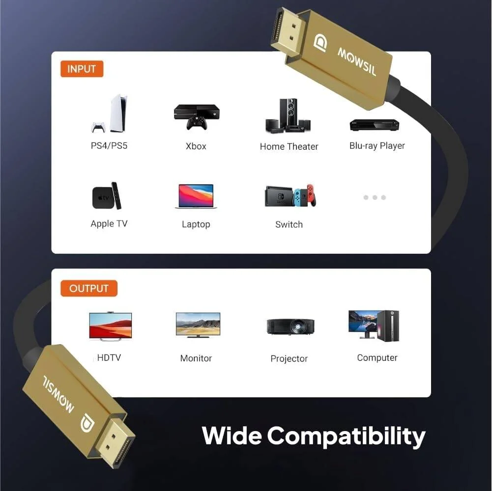 کابل DisplayPort 1.4 مووسیل 8K، طول 2 متر، 60 هرتز، 48 گیگابیت بر ثانیه، 4K 144 هرتز، با روکش طلای 24 عیار، RGB 4:4:4، کابل پورت نمایشگر با سرعت بالا و روکش طلا برای مانیتور گیمینگ، کارت گرافیک، تلویزیون، کامپیوتر شخصی، لپ تاپ | MOD8D02