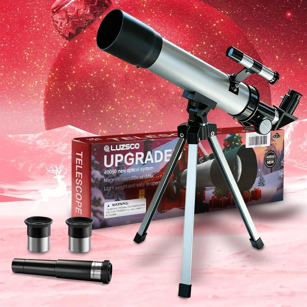 تلسکوپ کودکان 50 میلی‌متری با بزرگنمایی 100 برابر، تلسکوپ مبتدی نقره‌ای با سه‌پایه، 2 چشمی، مجموعه یابنده، هدیه آموزشی STEM نجوم برای پسران و دختران 6-12 سال