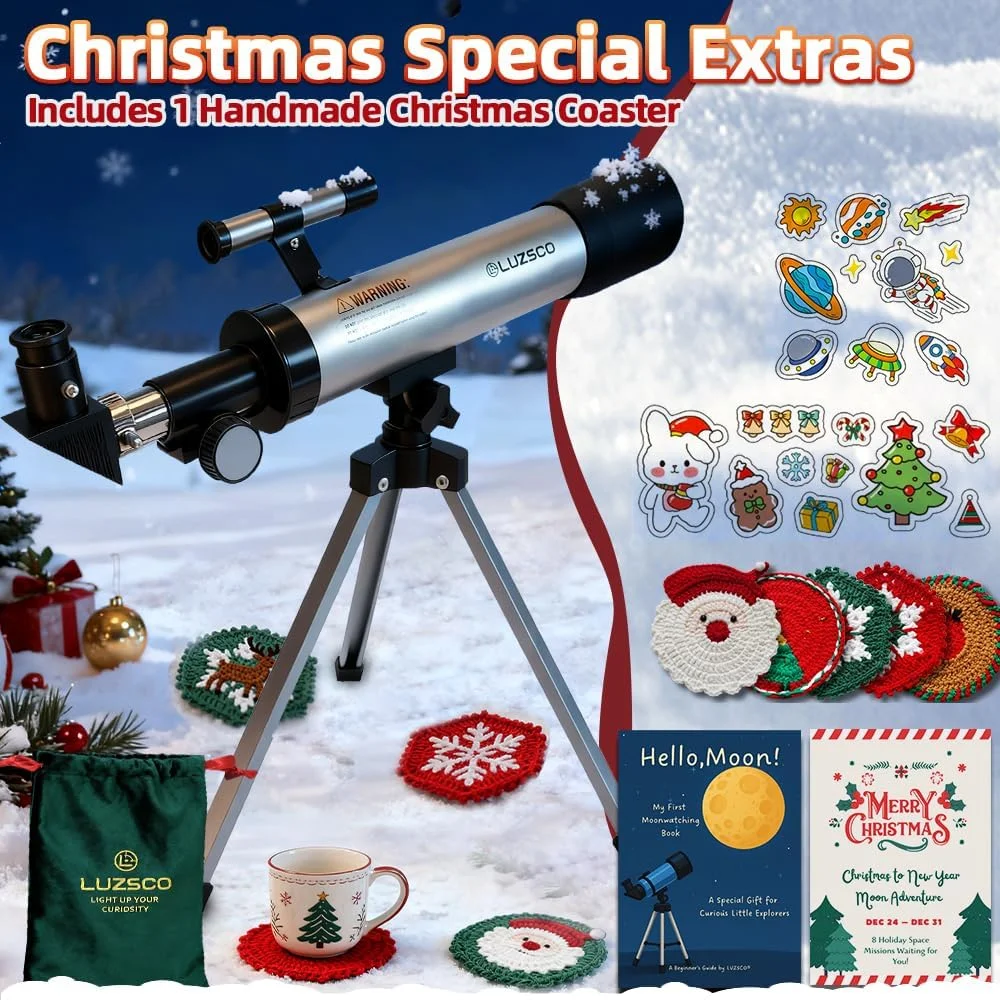 تلسکوپ کودکان 50 میلی‌متری با بزرگنمایی 100 برابر، تلسکوپ مبتدی نقره‌ای با سه‌پایه، 2 چشمی، مجموعه یابنده، هدیه آموزشی STEM نجوم برای پسران و دختران 6-12 سال