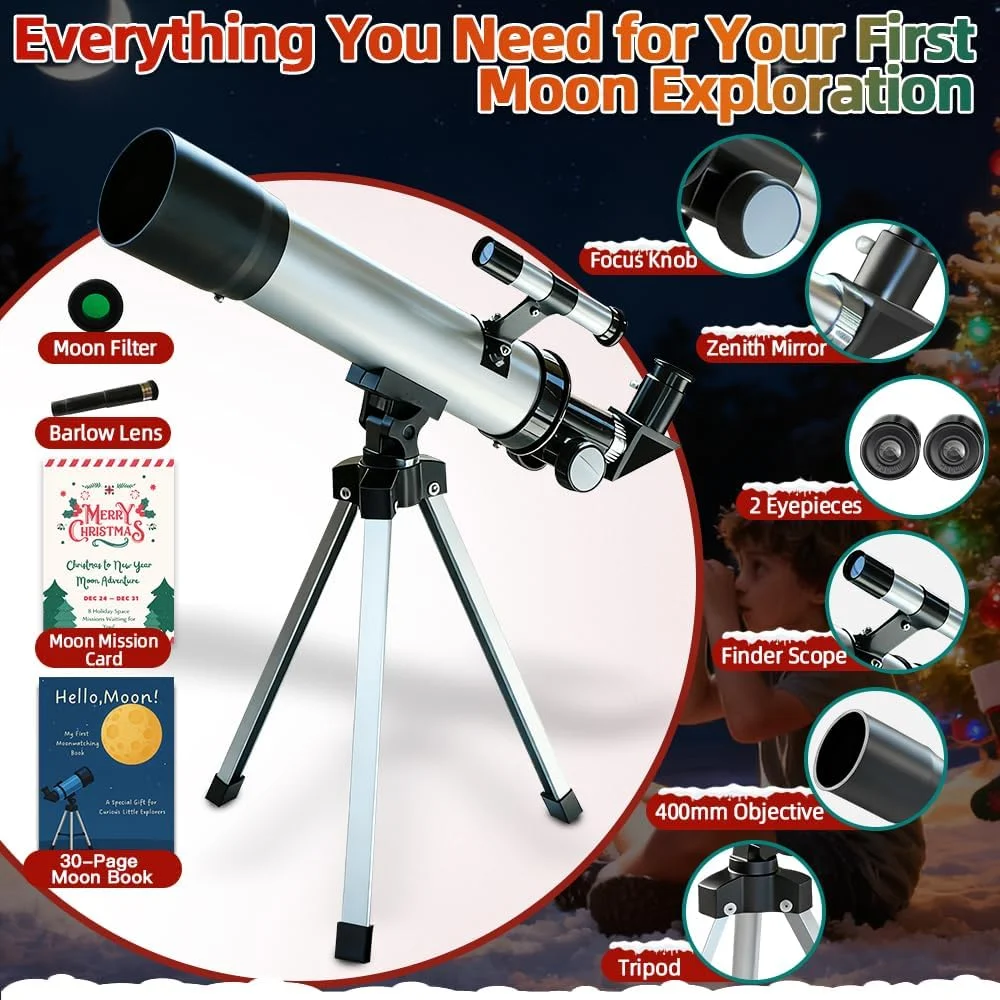 تلسکوپ کودکان 50 میلی‌متری با بزرگنمایی 100 برابر، تلسکوپ مبتدی نقره‌ای با سه‌پایه، 2 چشمی، مجموعه یابنده، هدیه آموزشی STEM نجوم برای پسران و دختران 6-12 سال