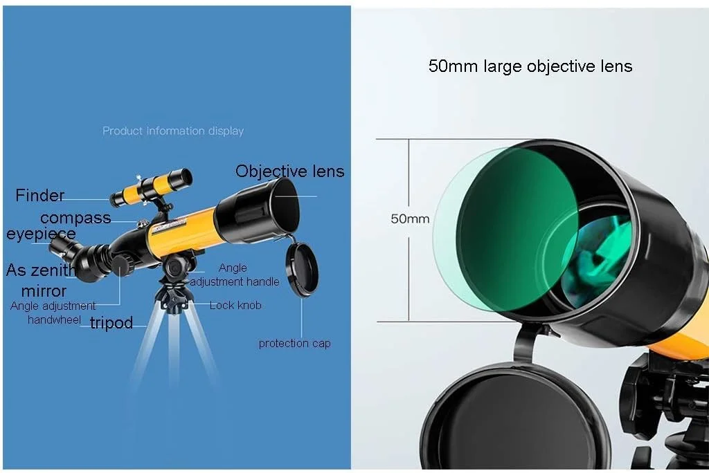 تلسکوپ برای کودکان و مبتدیان، تلسکوپ مسافرتی نجومی قابل حمل، تلسکوپ انکساری 70 میلی‌متری، هدیه عالی نجوم برای کودکان برای کاوش در فضا و ماه