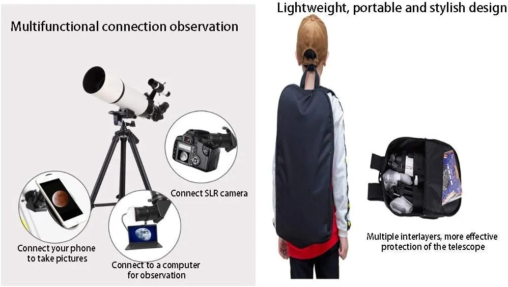 تلسکوپ برای کودکان و بزرگسالان مبتدی، تلسکوپ نجومی با دهانه 80 میلی‌متری و فاصله کانونی 400 میلی‌متری به همراه پایه قابل تنظیم و کوله پشتی، تلسکوپ عالی برای کودکان