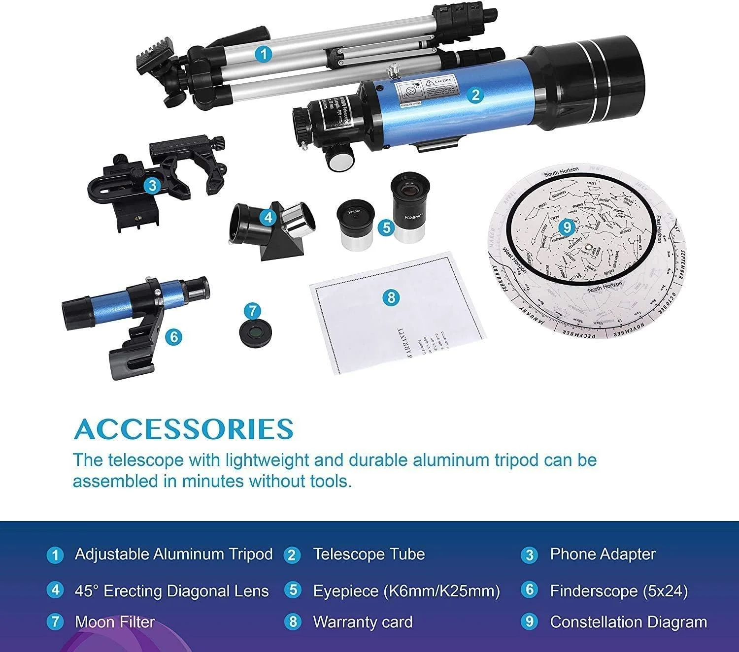 تلسکوپ نجومی مبتدی 70 میلیمتری انکساری با سهپایه قابل تنظیم 51 اینچی، آداپتور تلفن، قطری تصویر ایستاده و فیلتر ماه تلسکوپ نجومی مبتدی 70 میلیمتری انکساری با سهپایه قابل تنظیم 51 اینچی، آداپتور تلفن، قطری تصویر ایستاده و فیلتر ماه