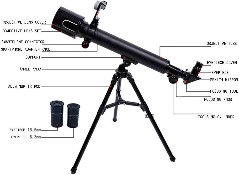 تلسکوپ هوشمند بادوام HD با سه پایه، تقویت کننده و یابنده، بزرگنمایی 30X/60X برای تقویت کننده های کودکان و مبتدیان نجوم