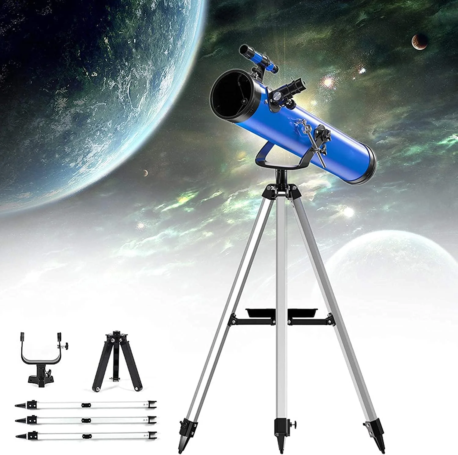 تلسکوپ شکستنی حرفه ای 700/114 میلی متری زوم 875X HD تک چشمی فضای باز با پایه قابل تنظیم + یاب + 3 چشمی + فیلتر ماه + لنز بارلو 1.5X/5X
