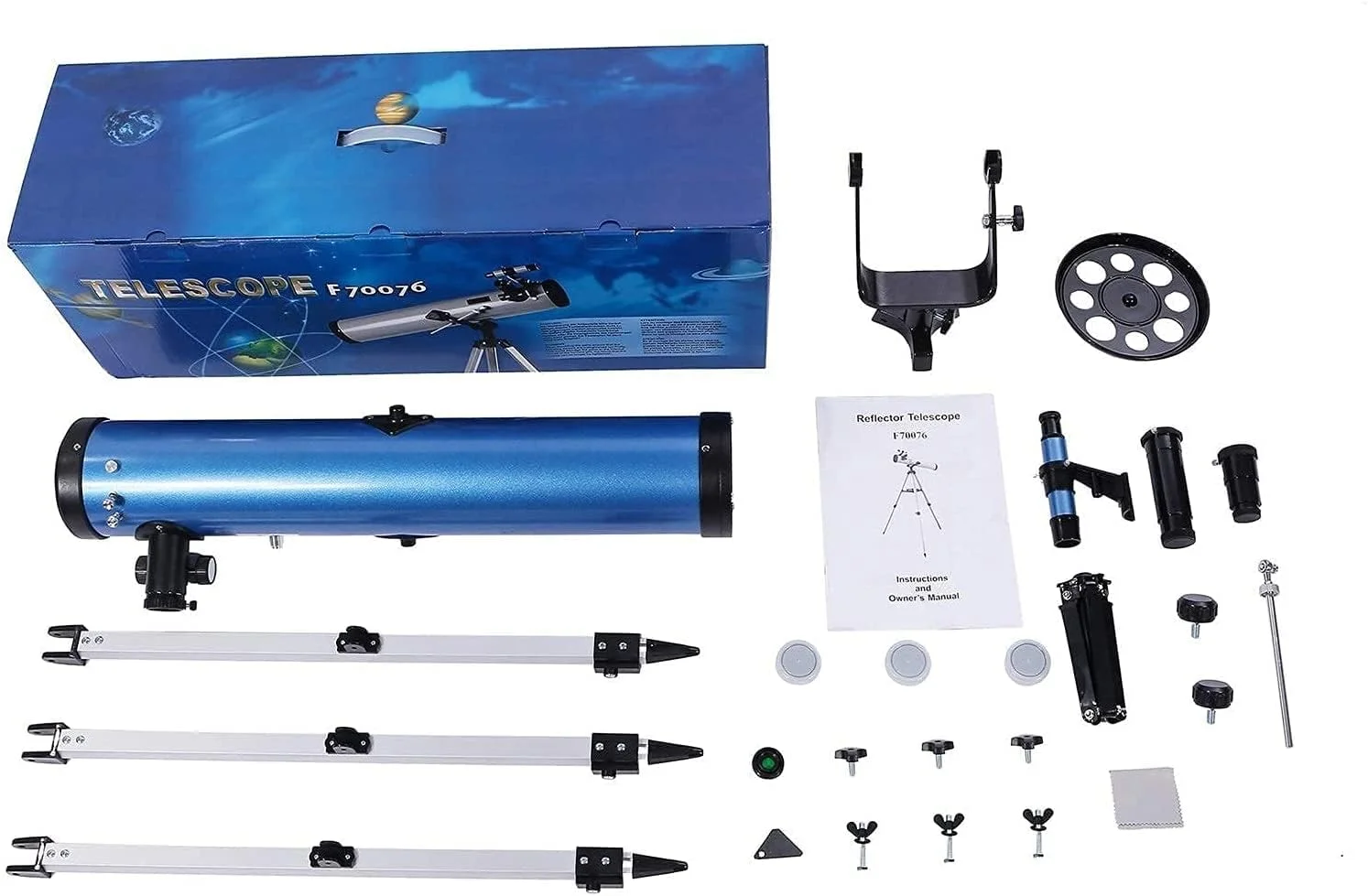 تلسکوپ آبی با وضوح بالا، بزرگنمایی زیاد و دیافراگم بزرگ به همراه پایه قابل تنظیم و منظره یاب برای کودکان و نوجوانان