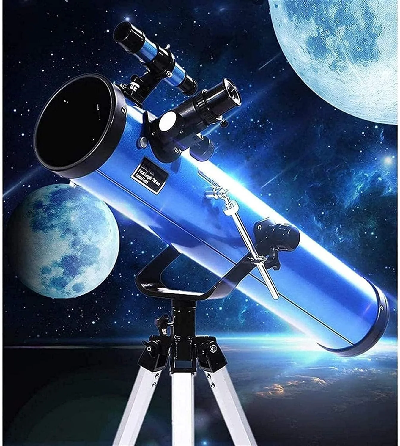تلسکوپ آبی با وضوح بالا، بزرگنمایی زیاد و دیافراگم بزرگ به همراه پایه قابل تنظیم و منظره یاب برای کودکان و نوجوانان