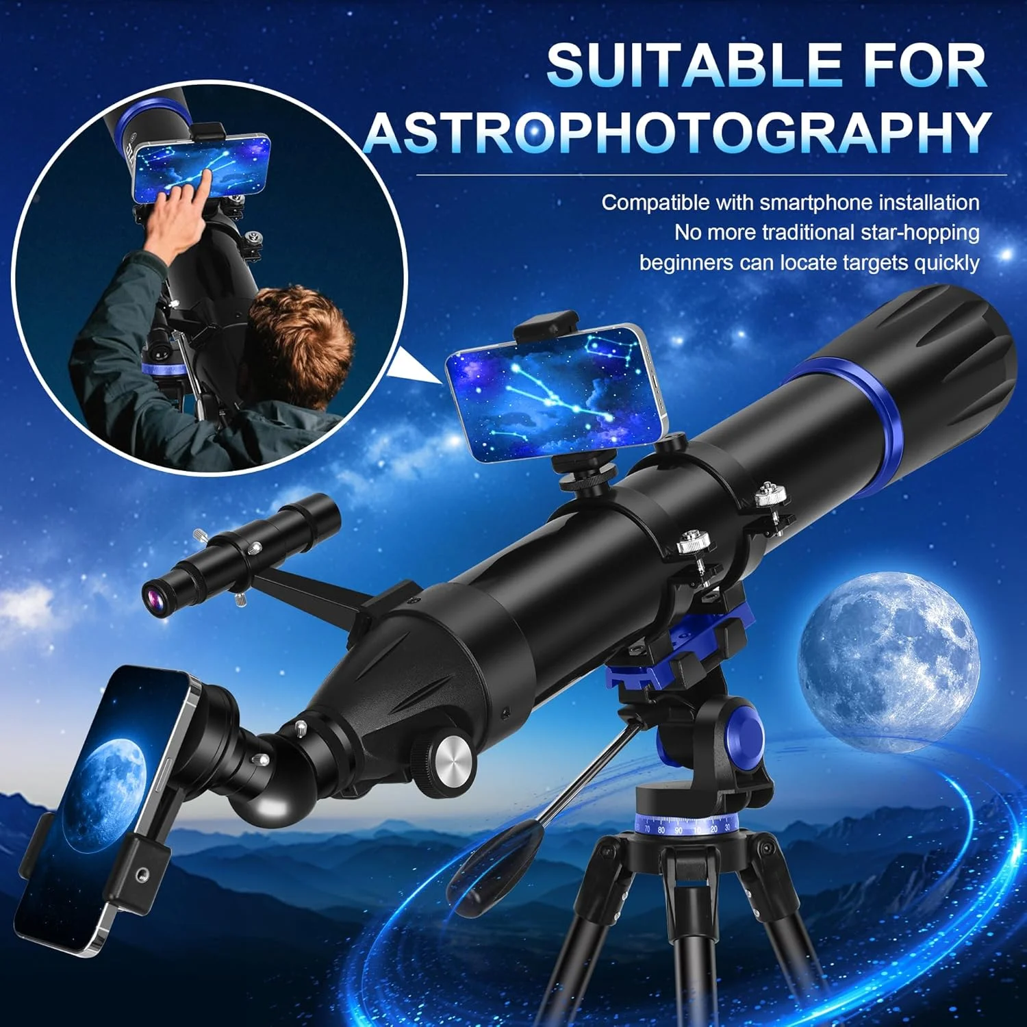 تلسکوپ Dianfan، دهانه 90 میلی‌متری 800 میلی‌متری، تلسکوپ حرفه‌ای نجوم برای بزرگسالان، تلسکوپ مسافرتی برای مبتدیان و کودکان، اپتیک چند لایه، با سه‌پایه، آداپتور تلفن، کیف حمل و برچسب