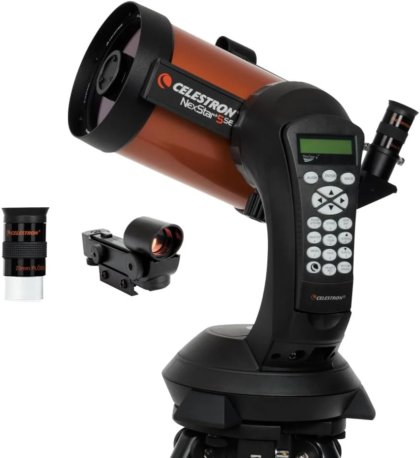 تلسکوپ Schmidt-Cassegrain کامپیوتری Celestron 11036 NexStar 5SE با پایه GoTo خودکار، فناوری SkyAlign و سه پایه فولادی، مشکی/نارنجی