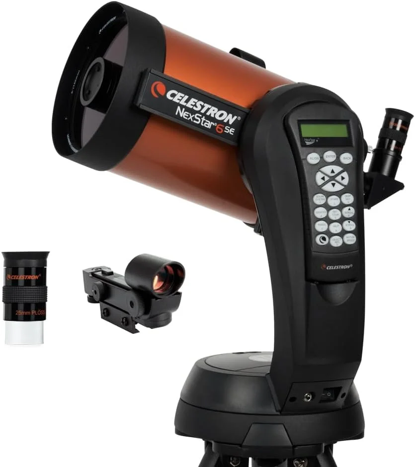 تلسکوپ Schmidt-Cassegrain کامپیوتری Celestron 11068 NexStar 6SE با پایه کاملا خودکار، فناوری SkyAlign و پوشش XLT، مشکی/نارنجی
