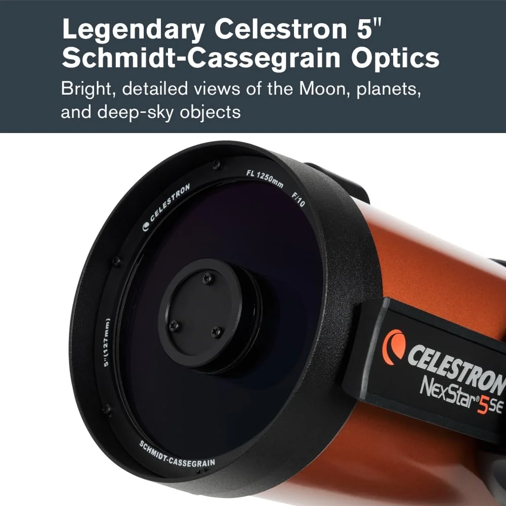 تلسکوپ Schmidt-Cassegrain کامپیوتری Celestron 11036 NexStar 5SE با پایه GoTo خودکار، فناوری SkyAlign و سه پایه فولادی، مشکی/نارنجی