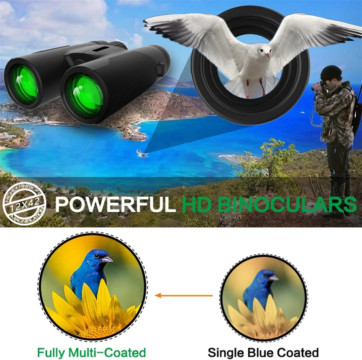 دوربین دوچشمی 12x42 با وضوح بالا، دوربین قدرتمند با پوشش چند لایه و دید در شب با نور کم، مناسب برای شکار، کمپینگ و فعالیت های فضای باز