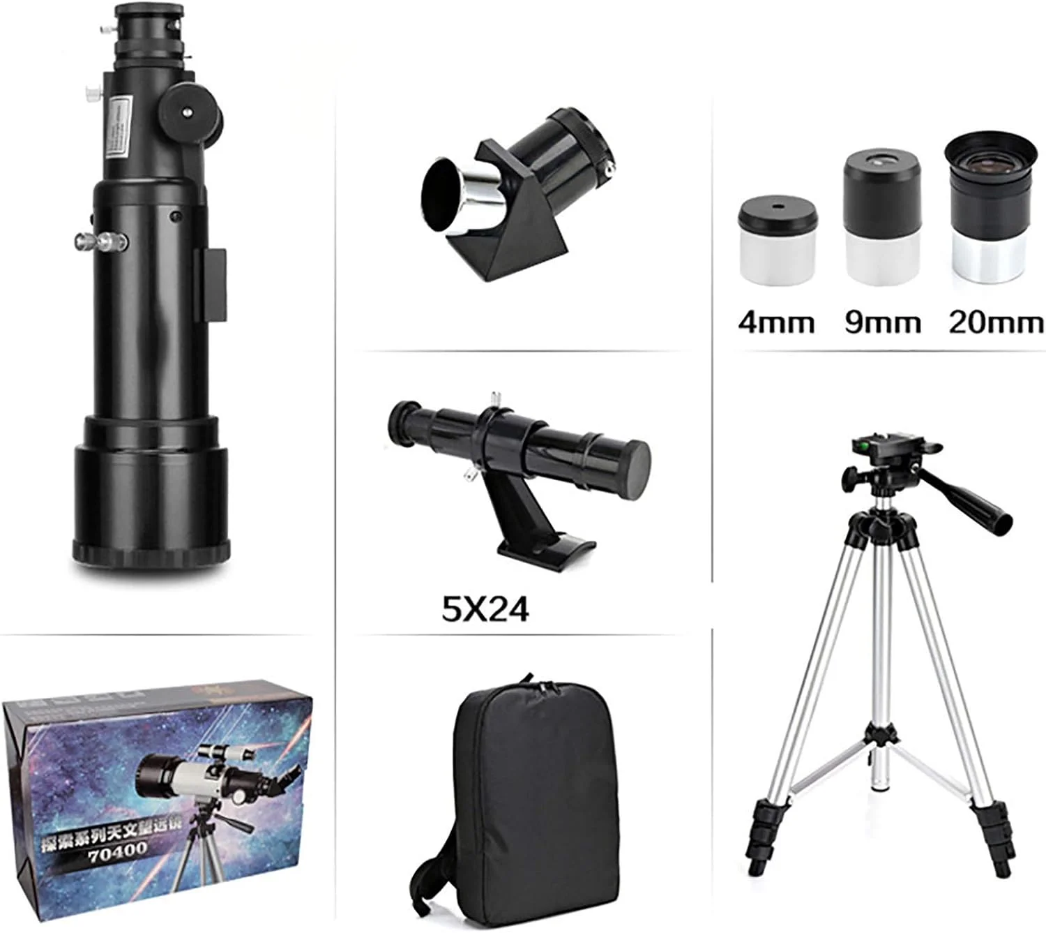 تلسکوپ نجومی حرفه ای 100x مناسب رصد ستارگان برای مبتدیان، تلسکوپ انکساری نجومی 70 میلی متری، به همراه سه پایه با قابلیت تنظیم ارتفاع، سفید
