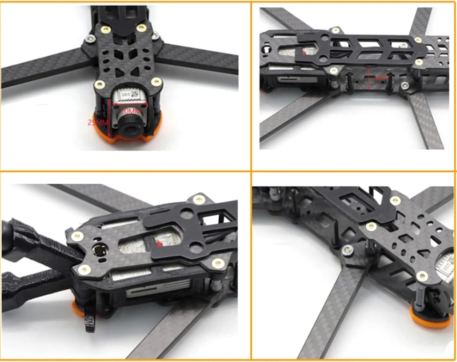 فریم کوادکوپتر مسابقه ای فیبر کربن 3K مدل XL5 V2 با ابعاد 232mm، XL6 با ابعاد 283mm، XL7 با ابعاد 294mm، XL8 با ابعاد 360mm، True X در سایزهای 5، 6، 7 و 8 اینچ مدل X328