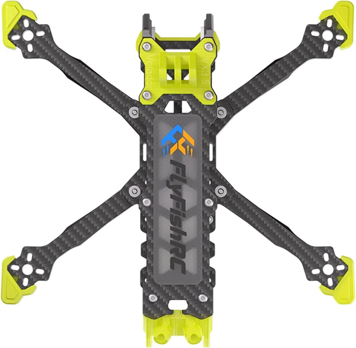 کیت فریم کوادکوپتر مسابقه ای پهپاد FlyFishRC VX3.5 O4 Pro Air Unit RC FPV، پیکربندی Squashed-X، فیبر کربن، زرد