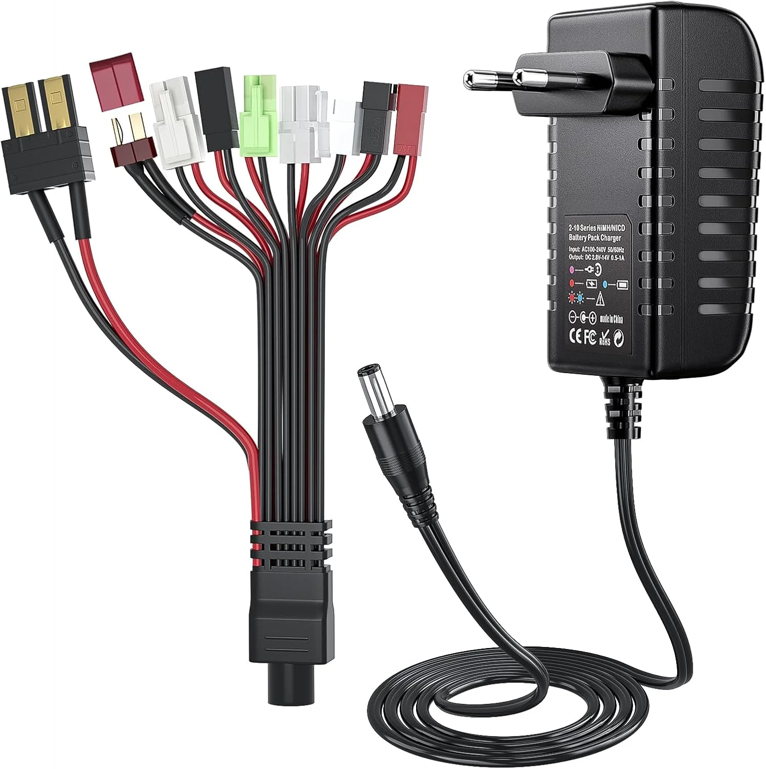 شارژر باتری آرسی SoulBay، شارژر NIMH/NICD برای باتری های 2-10 سلولی NIMH/NICD مناسب ماشین آرسی/قایق آرسی/هواپیمای آرسی/پهپاد/ایر سافت/مدل، شارژر باتری با 8 آداپتور جهانی، جریان شارژ 500-1000 میلی آمپر