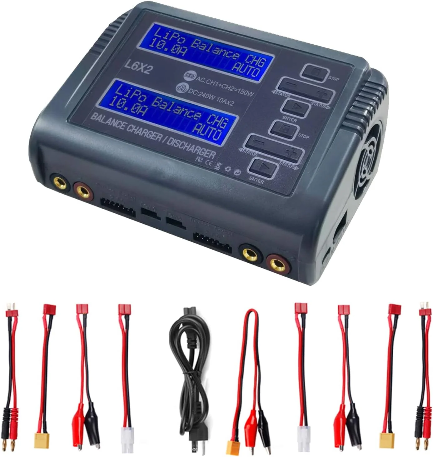 شارژر بالانس باتری لیتیوم پلیمری RC با ورودی AC/DC، دارای دو پورت شارژ، توان شارژ قابل تنظیم، سازگار با باتری‌های لیتیوم پلیمری 1-6S، مناسب برای ماشین RC 1/10 و پهپاد