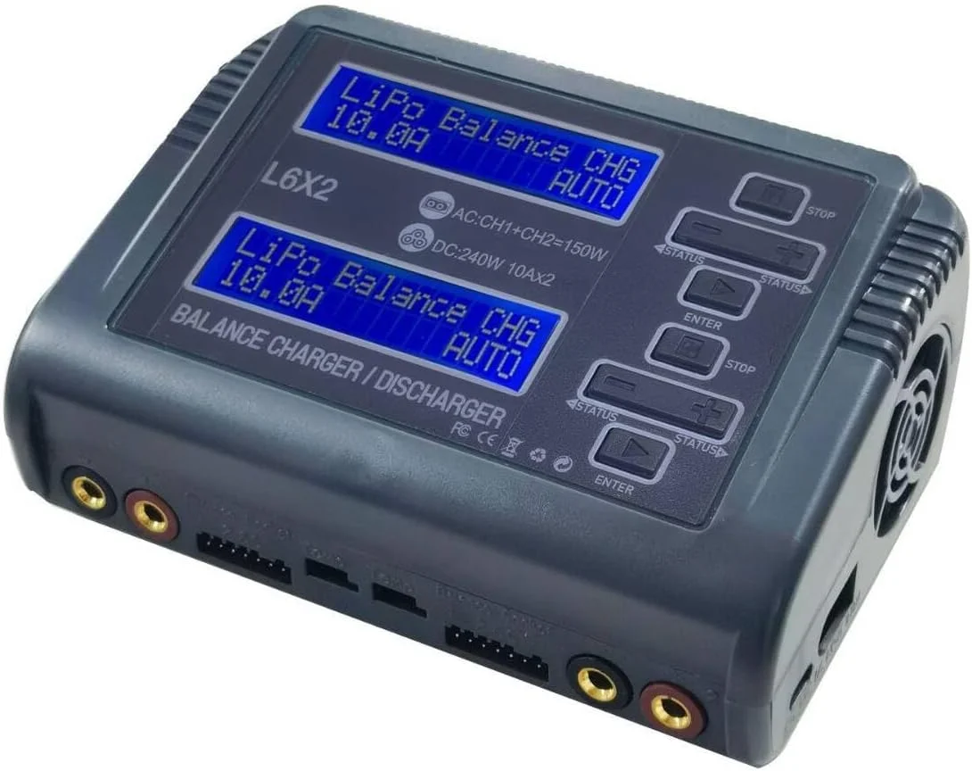 شارژر بالانس باتری لیتیوم پلیمری RC با ورودی AC/DC، دارای دو پورت شارژ، توان شارژ قابل تنظیم، سازگار با باتری‌های لیتیوم پلیمری 1-6S، مناسب برای ماشین RC 1/10 و پهپاد