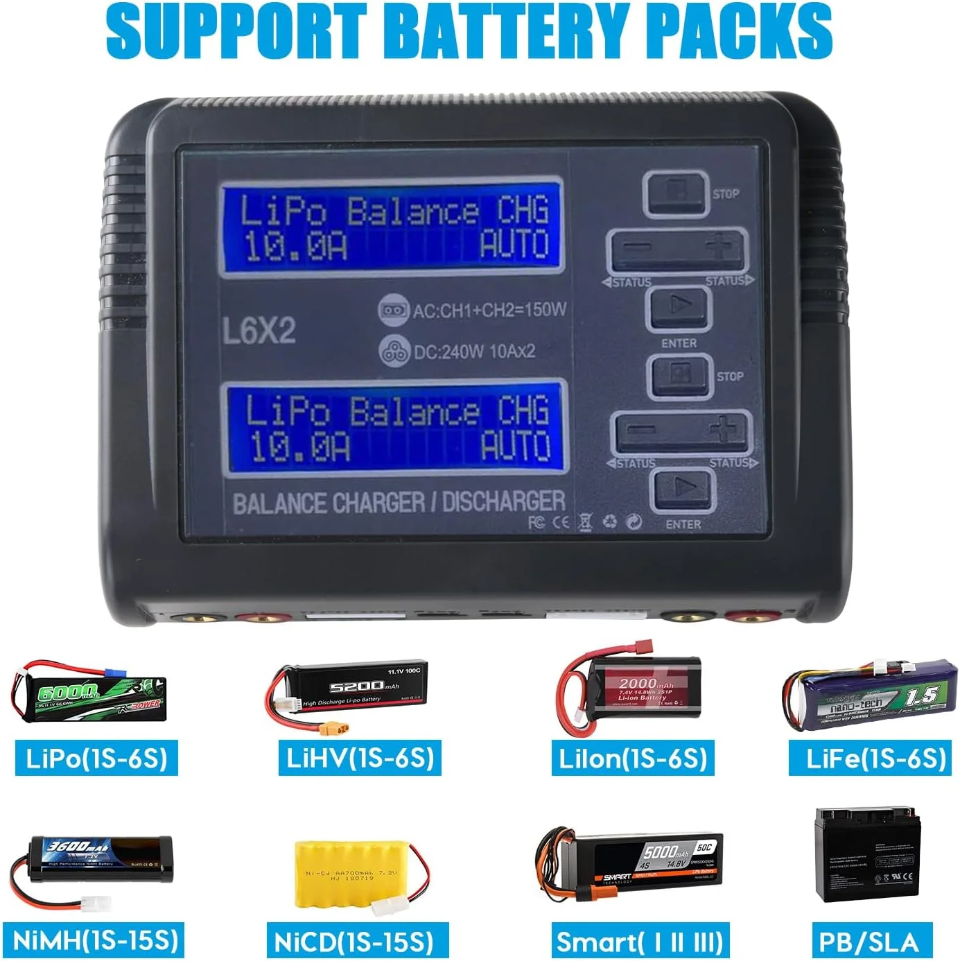 شارژر بالانس باتری لیتیوم پلیمری RC با ورودی AC/DC، دارای دو پورت شارژ، توان شارژ قابل تنظیم، سازگار با باتری‌های لیتیوم پلیمری 1-6S، مناسب برای ماشین RC 1/10 و پهپاد