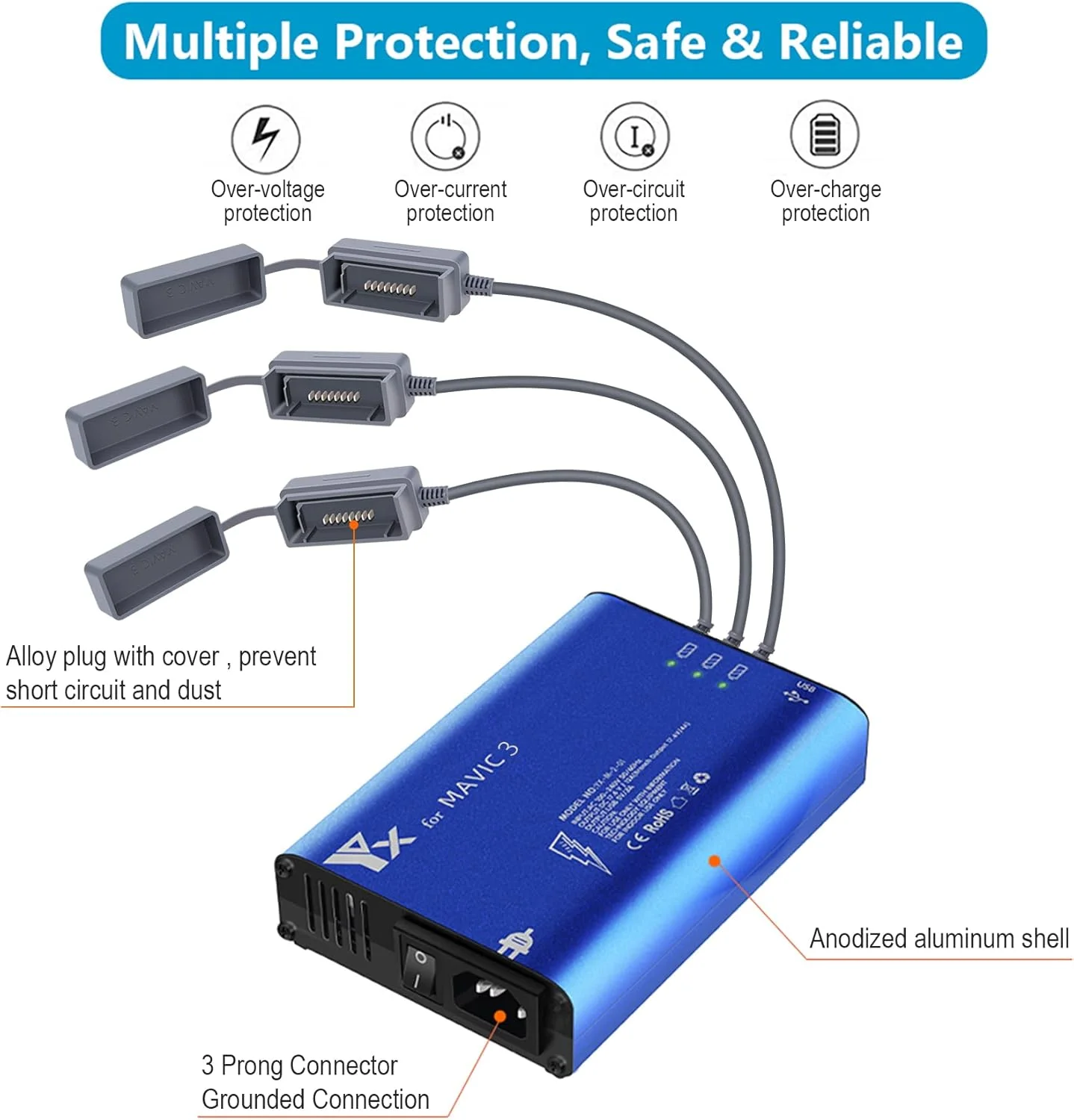 هاب شارژر چند باتری برای پهپاد DJI Mavic 3 (مناسب برای Mavic 2/Pro نیست)، ایستگاه داک موازی هوشمند برای 3 باتری پرواز، 1 ریموت کنترل، 1 تلفن هوشمند/تبلت، آبی