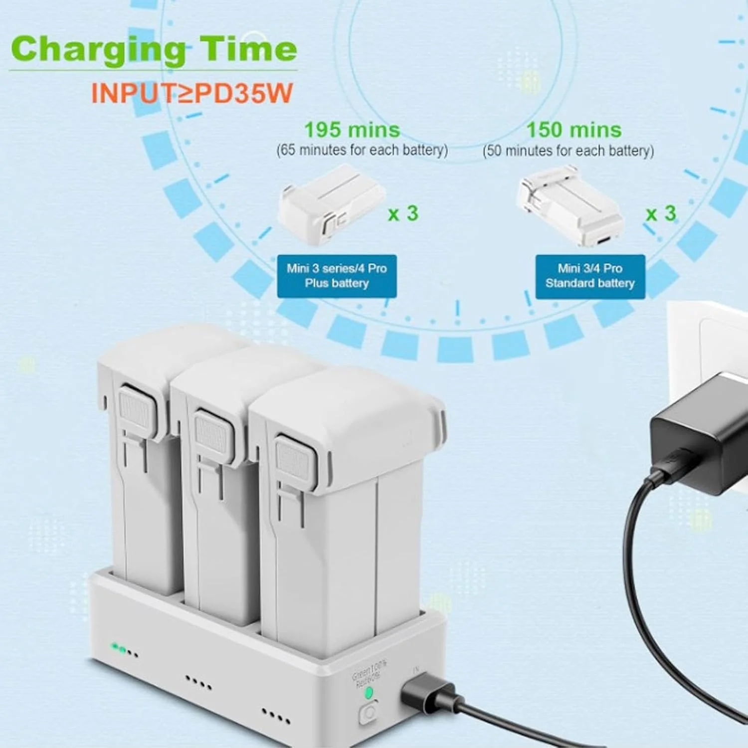 شارژر باتری پهپاد برای مینی 3/4/3 پرو، هاب سه باتری با حالت ذخیره سازی، شارژ متوالی، خروجی 8.5 ولت DC