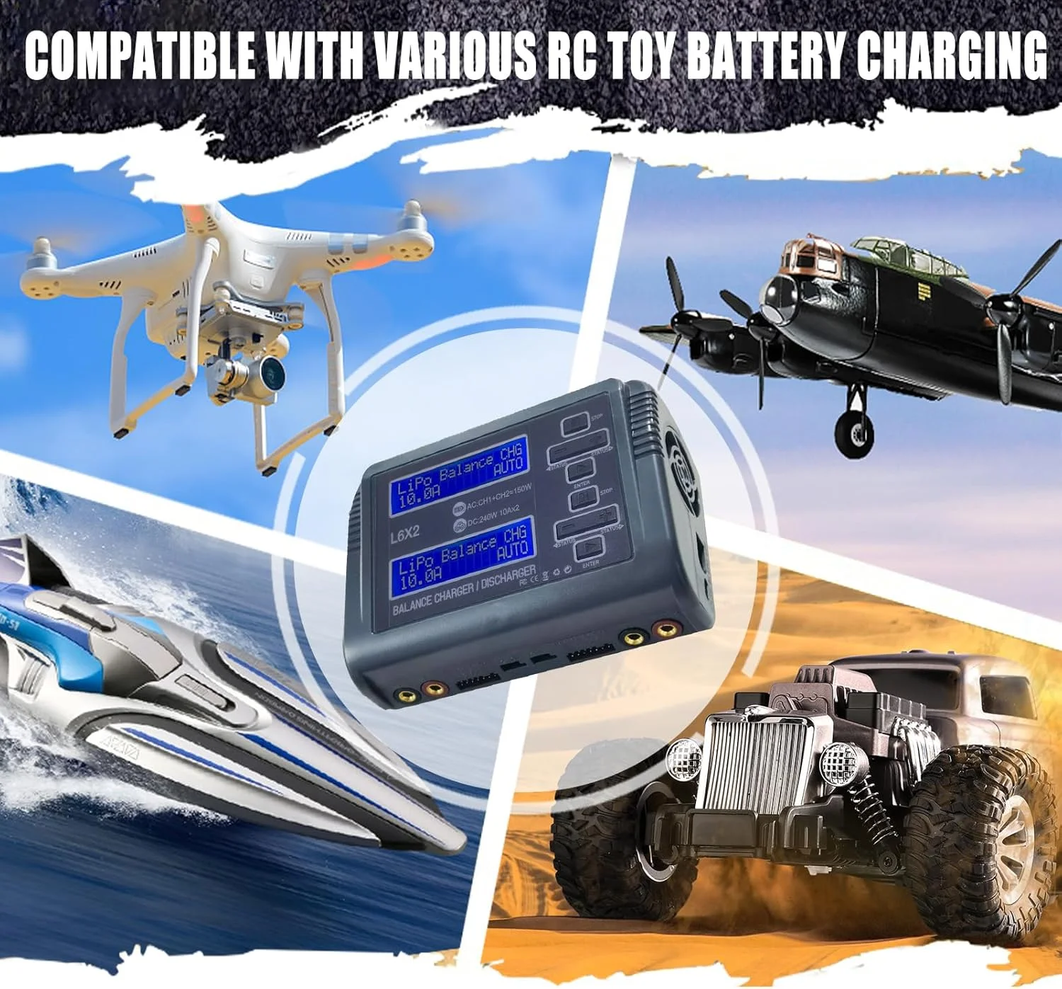 شارژر بالانس باتری لیتیوم پلیمری RC با ورودی AC/DC، دارای دو پورت شارژ، توان شارژ قابل تنظیم، سازگار با باتری‌های لیتیوم پلیمری 1-6S، مناسب برای ماشین RC 1/10 و پهپاد