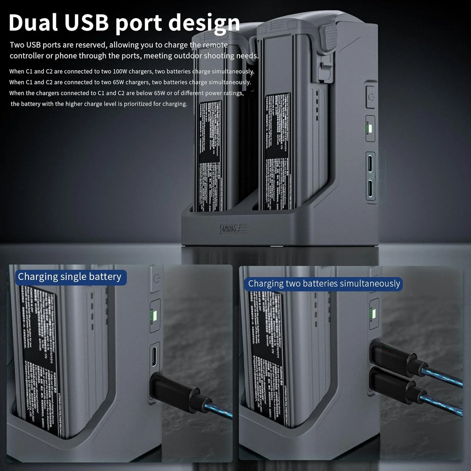 شارژر باتری پهپاد برای DJI Air3S، شارژر هوشمند دوگانه الکتریکی چند منظوره با شارژ سریع PD 65W، هاب شارژ هوشمند محافظت از باتری با طراحی دفع حرارت