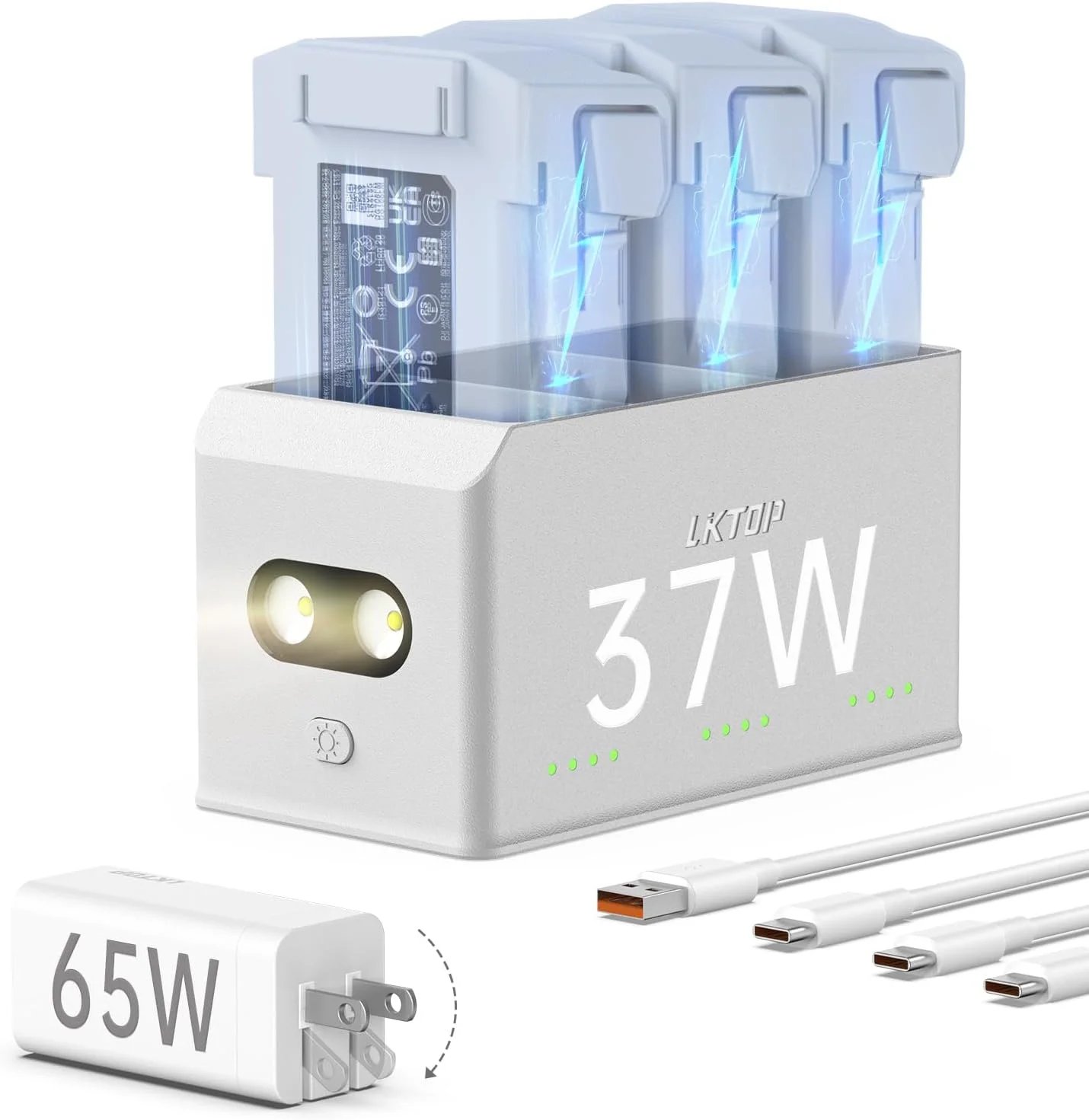 کیت هاب شارژ باتری LKTOP Mini 5 Pro/4 Pro/3 Pro/3، جایگزین سری DJI Mini 5/4/3، هاب سریع SKYROVER X1 Drone با شارژر قابل حمل 65 واتی، با حالت هشدار LED ذخیره سازی (شارژ 1 باتری: 47 دقیقه)