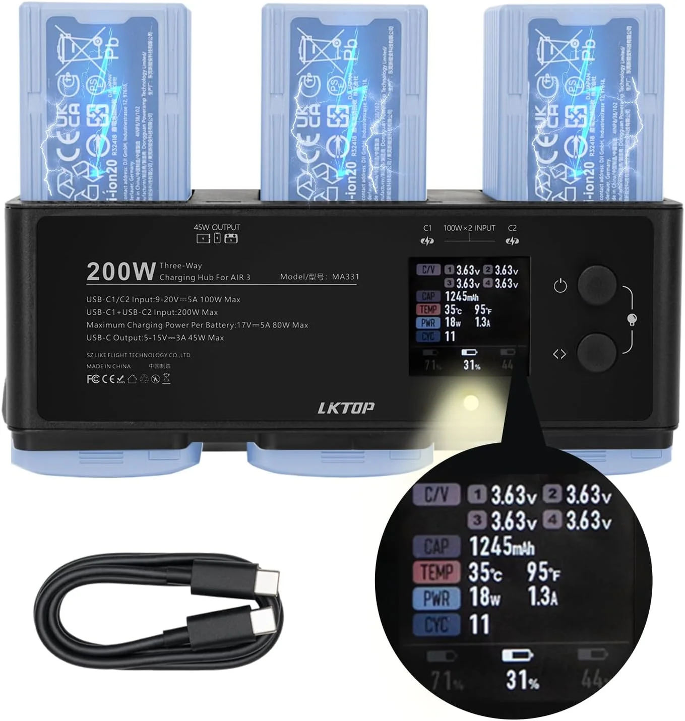 هاب شارژر سریع باتری 200 واتی LKTOP Air 3/Air 3S برای پهپادهای سری DJI/Specta Air 3، آداپتور برق USB-C، با قابلیت جمع آوری میانگین برق/شارژ سریع/ذخیره سازی/حالت هشدار/نمایشگر LED