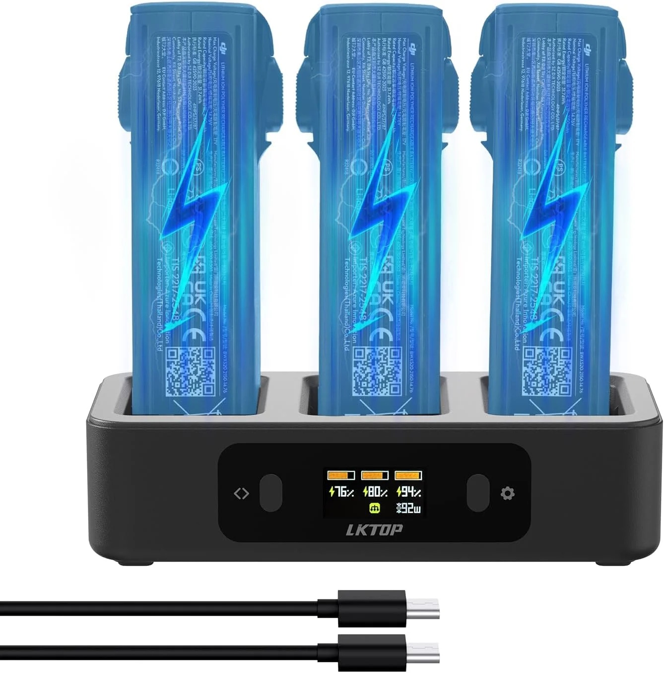 هاب شارژ باتری جایگزین LKTOP DJI Avata 2 (2X فوق العاده سریع) شارژر موازی 100 واتی برای لوازم جانبی پهپاد DJI Avata 2 آداپتور برق USB-C، با صفحه نمایش LED (شارژ 3 باتری: 1 ساعت و 10 دقیقه)