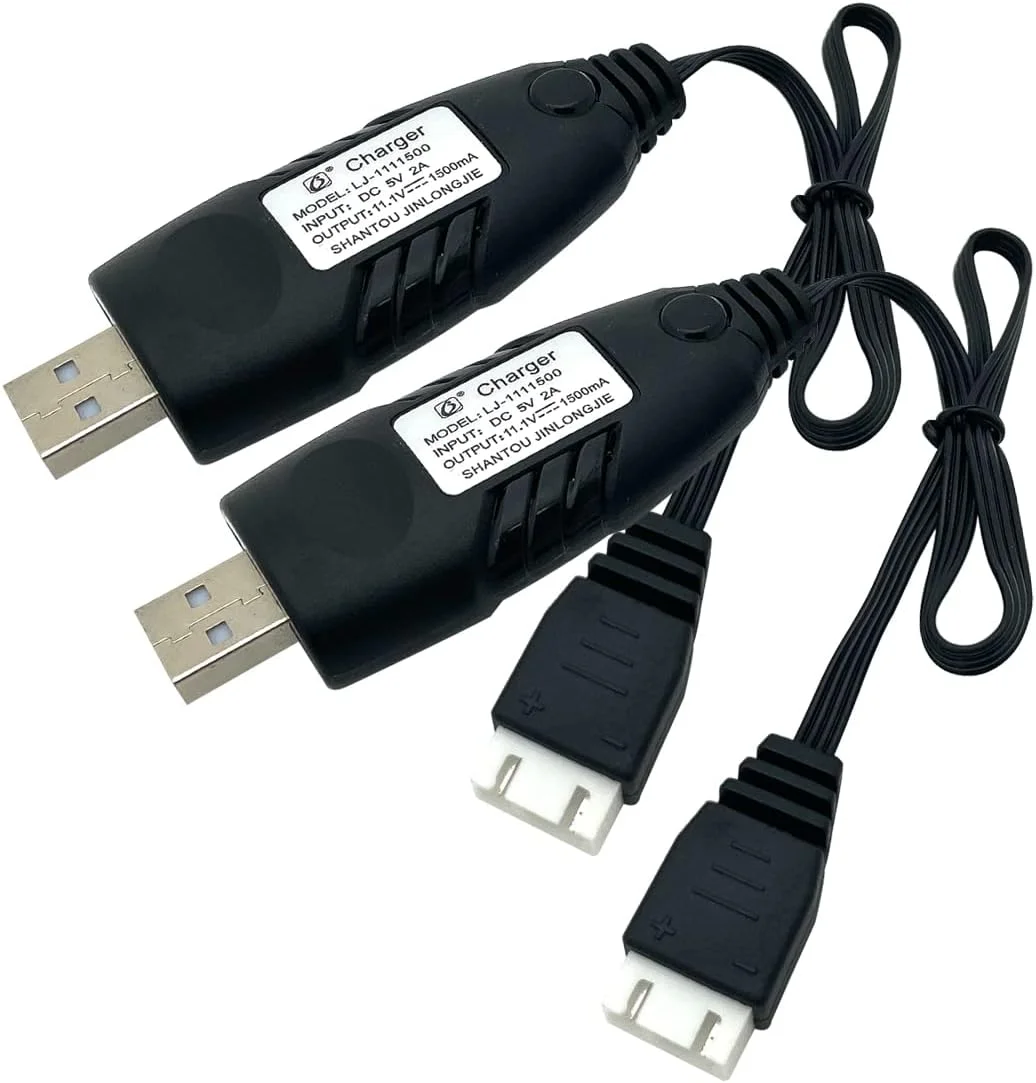 دو عدد کابل شارژر باتری لیتیوم پلیمر 11.1 ولت، کابل شارژر USB باتری لیتیوم پلیمر 3 سلولی 2 آمپر با کانکتور XH-4P برای ماشین های کنترلی، قایق ها و پهپادهای کنترلی (3 سلولی/11.1 ولت)