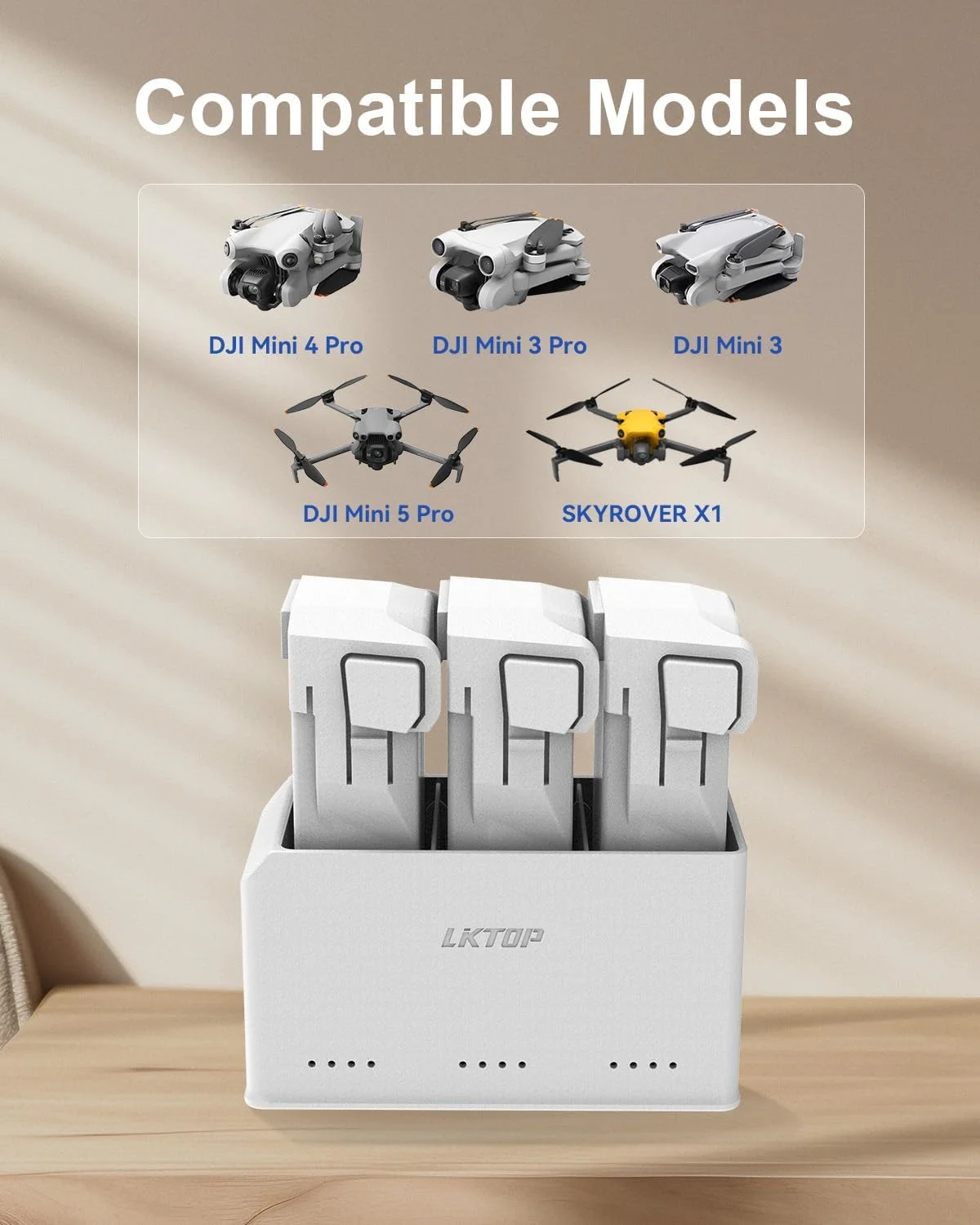 کیت هاب شارژ باتری LKTOP Mini 5 Pro/4 Pro/3 Pro/3، جایگزین سری DJI Mini 5/4/3، هاب سریع SKYROVER X1 Drone با شارژر قابل حمل 65 واتی، با حالت هشدار LED ذخیره سازی (شارژ 1 باتری: 47 دقیقه)