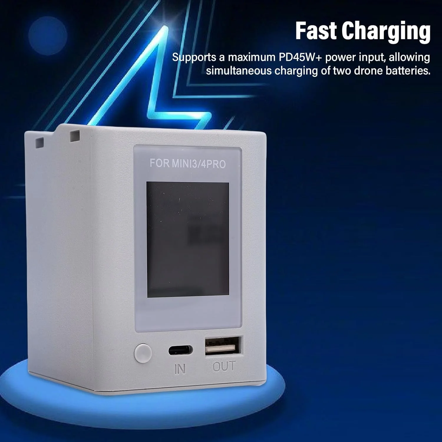 هاب شارژر باتری پهپاد GOWENIC، ایستگاه شارژ سریع PD 45 واتی با نمایشگر LCD، مناسب برای باتری های پهپاد Mini 3 3 Pro 4 Pro، شارژ همزمان 2 باتری