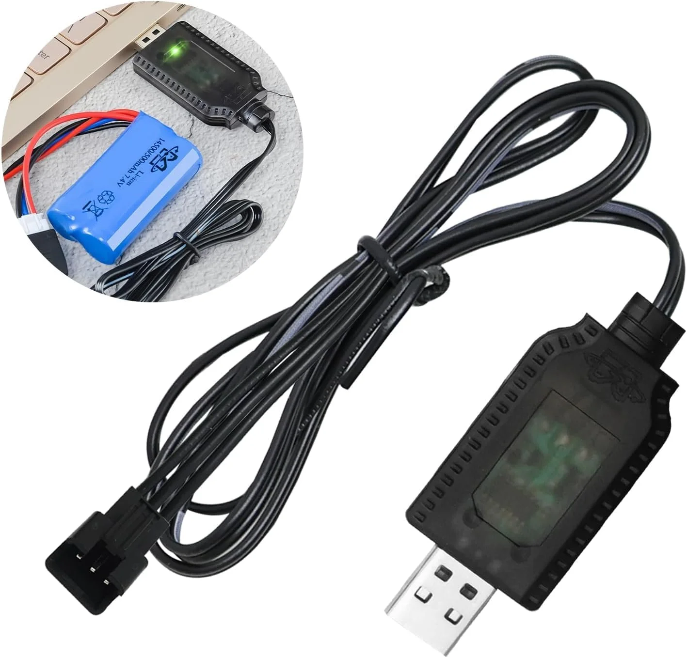 کابل شارژ USB باتری لیتیوم پلیمر 7.4 ولت با کانکتور SM-3 پین، کابل شارژ سازگار با ماشین های کنترلی، پهپادها، کوادکوپترها، اسباب بازی های کنترلی، شارژ ایمن با محافظت در برابر شارژ بیش از حد و LED