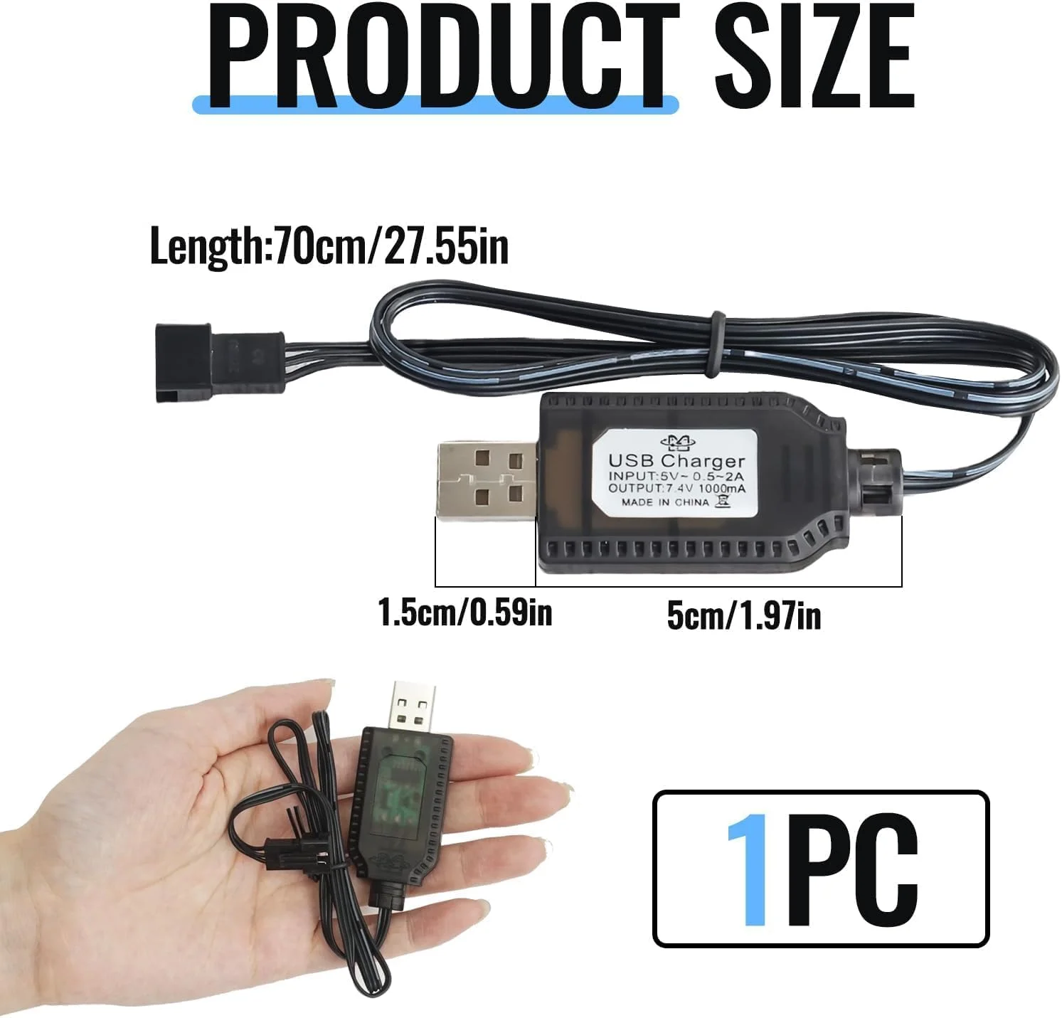 کابل شارژ USB باتری لیتیوم پلیمر 7.4 ولت با کانکتور SM-3 پین، کابل شارژ سازگار با ماشین های کنترلی، پهپادها، کوادکوپترها، اسباب بازی های کنترلی، شارژ ایمن با محافظت در برابر شارژ بیش از حد و LED