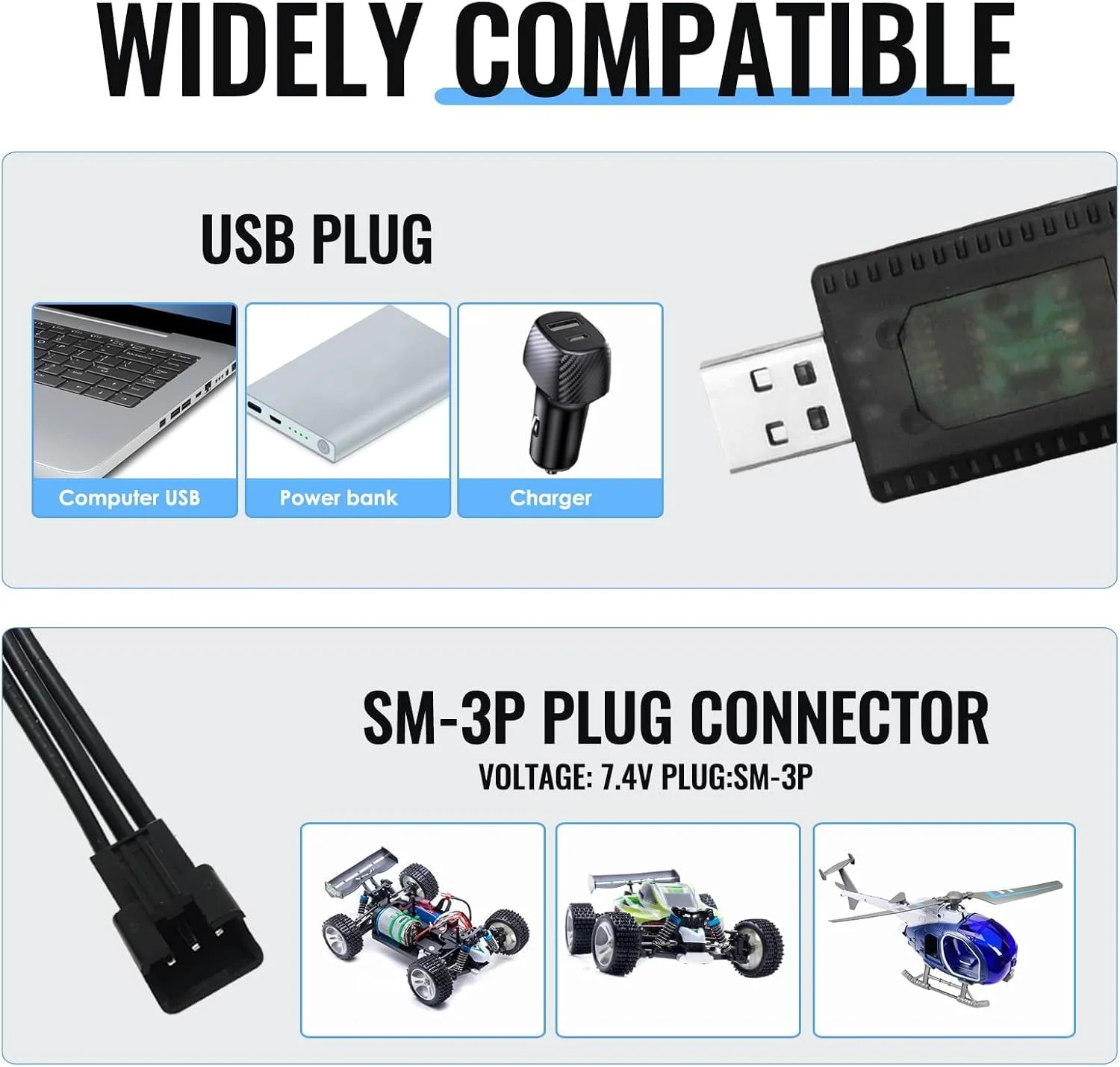 کابل شارژ USB باتری لیتیوم پلیمر 7.4 ولت با کانکتور SM-3 پین، کابل شارژ سازگار با ماشین های کنترلی، پهپادها، کوادکوپترها، اسباب بازی های کنترلی، شارژ ایمن با محافظت در برابر شارژ بیش از حد و LED