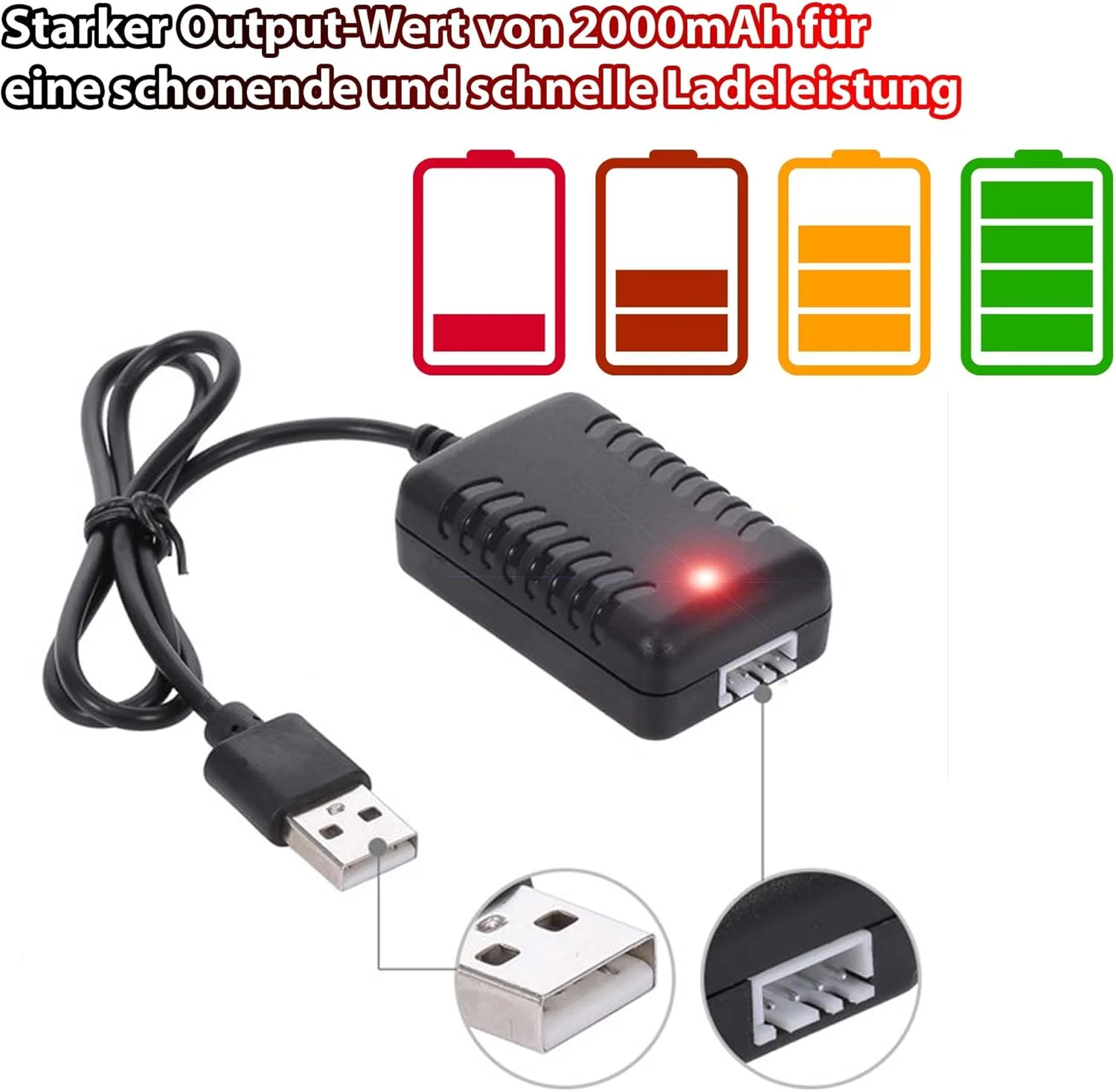 کابل شارژ سریع USB با بالانسر 11.1 ولت JST-XH 4 پین، شارژ توربو 2000 میلی آمپر ساعت برای باتری 3S Li-Po، شارژر باتری برای ماشین RC، کامیون هیولا، پهپاد، کوادکوپتر، ایرسافت با LED