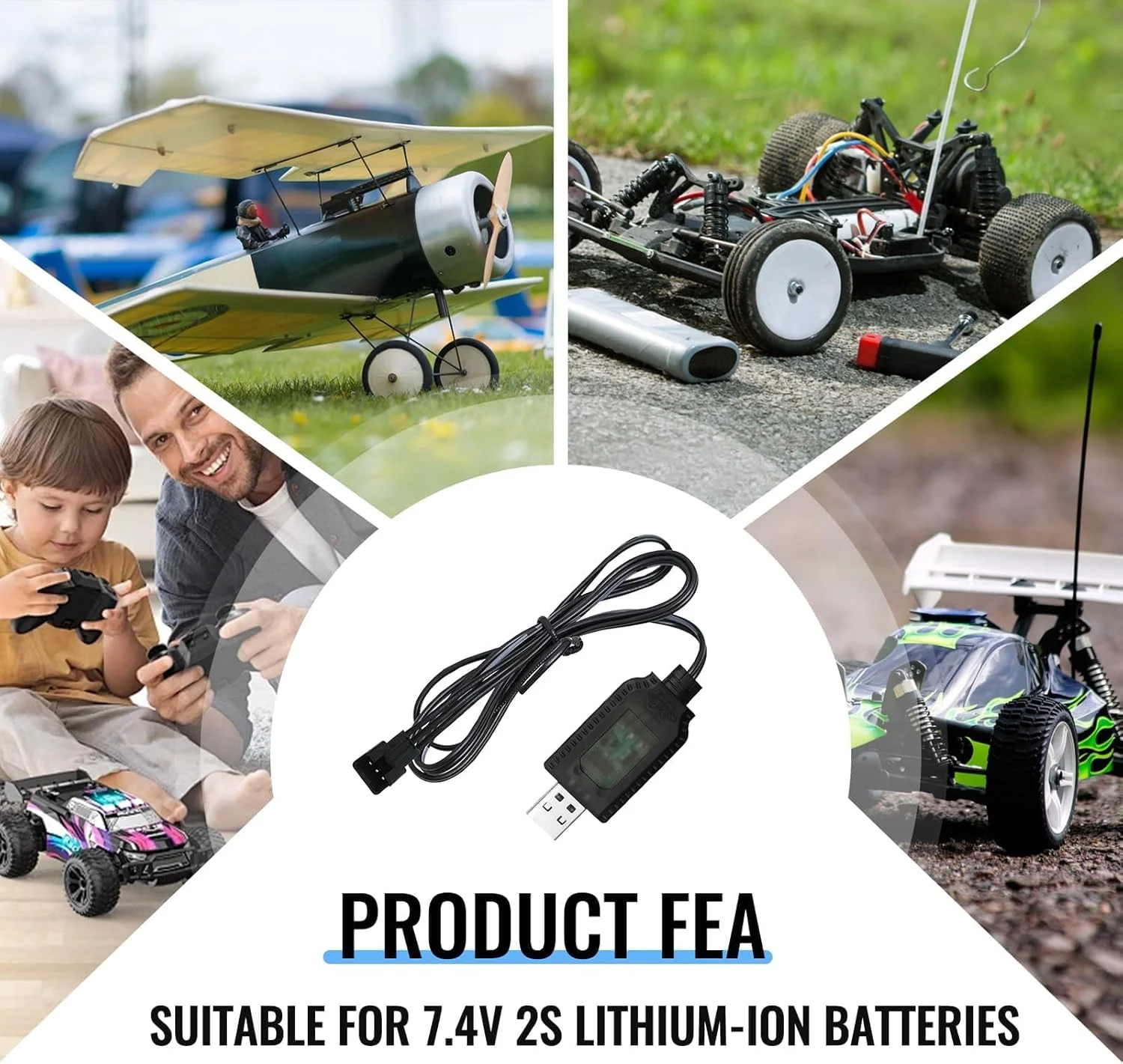 کابل شارژ USB باتری لیتیوم پلیمر 7.4 ولت با کانکتور SM-3 پین، کابل شارژ سازگار با ماشین های کنترلی، پهپادها، کوادکوپترها، اسباب بازی های کنترلی، شارژ ایمن با محافظت در برابر شارژ بیش از حد و LED