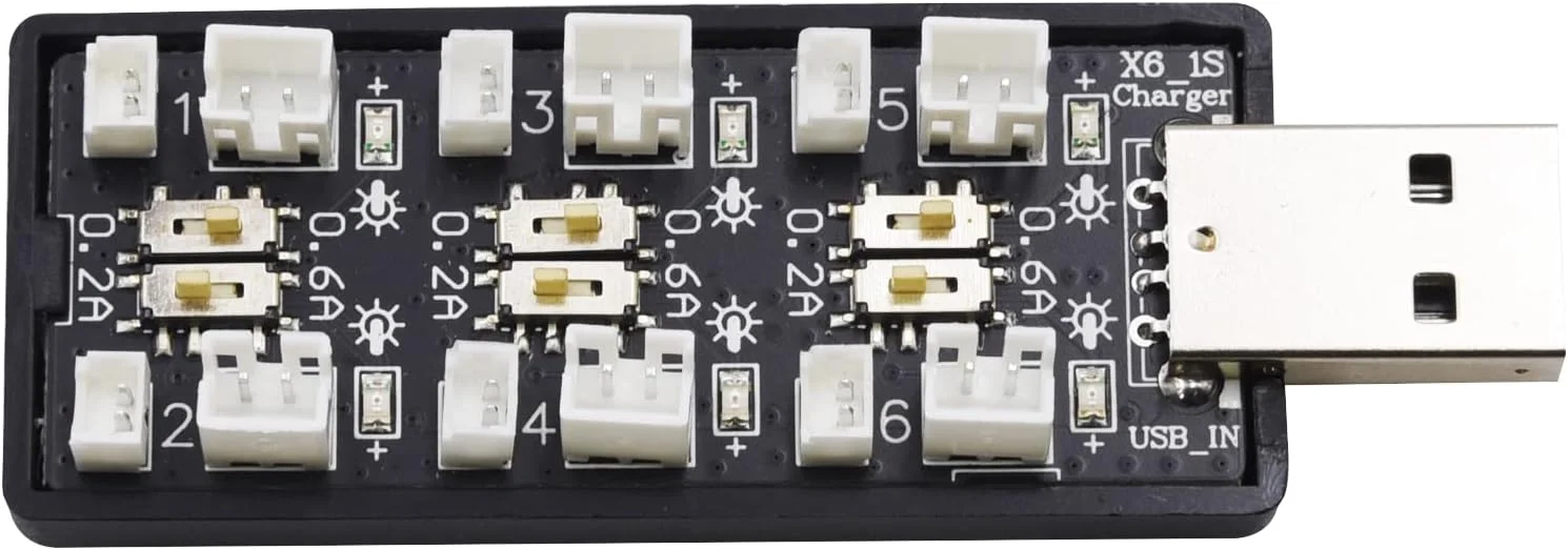 شارژر USB صندلی 6 در 1 Blomiky 1S Li-ion/Lipo 3.7V-3.8V با دوشاخه JST-PH2.0 و JST1.25 مناسب برای باتری لیپو Emax 1S 450mAh / شارژر 6 در 1.