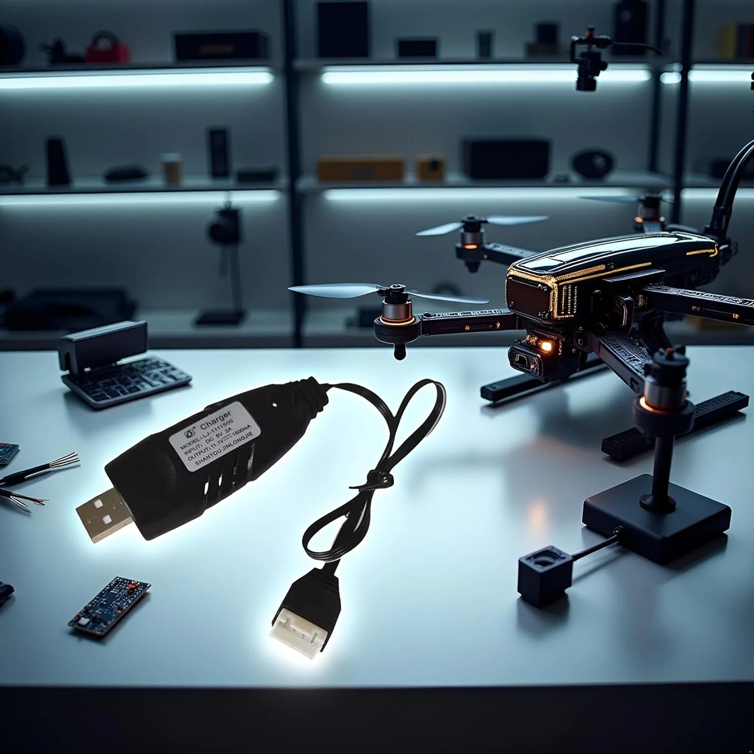 کابل شارژر USB باتری 11.1 ولت 500 میلی آمپر مشکی برای قطعات کوادکوپتر FPV پهپاد با کانکتور 4 پین