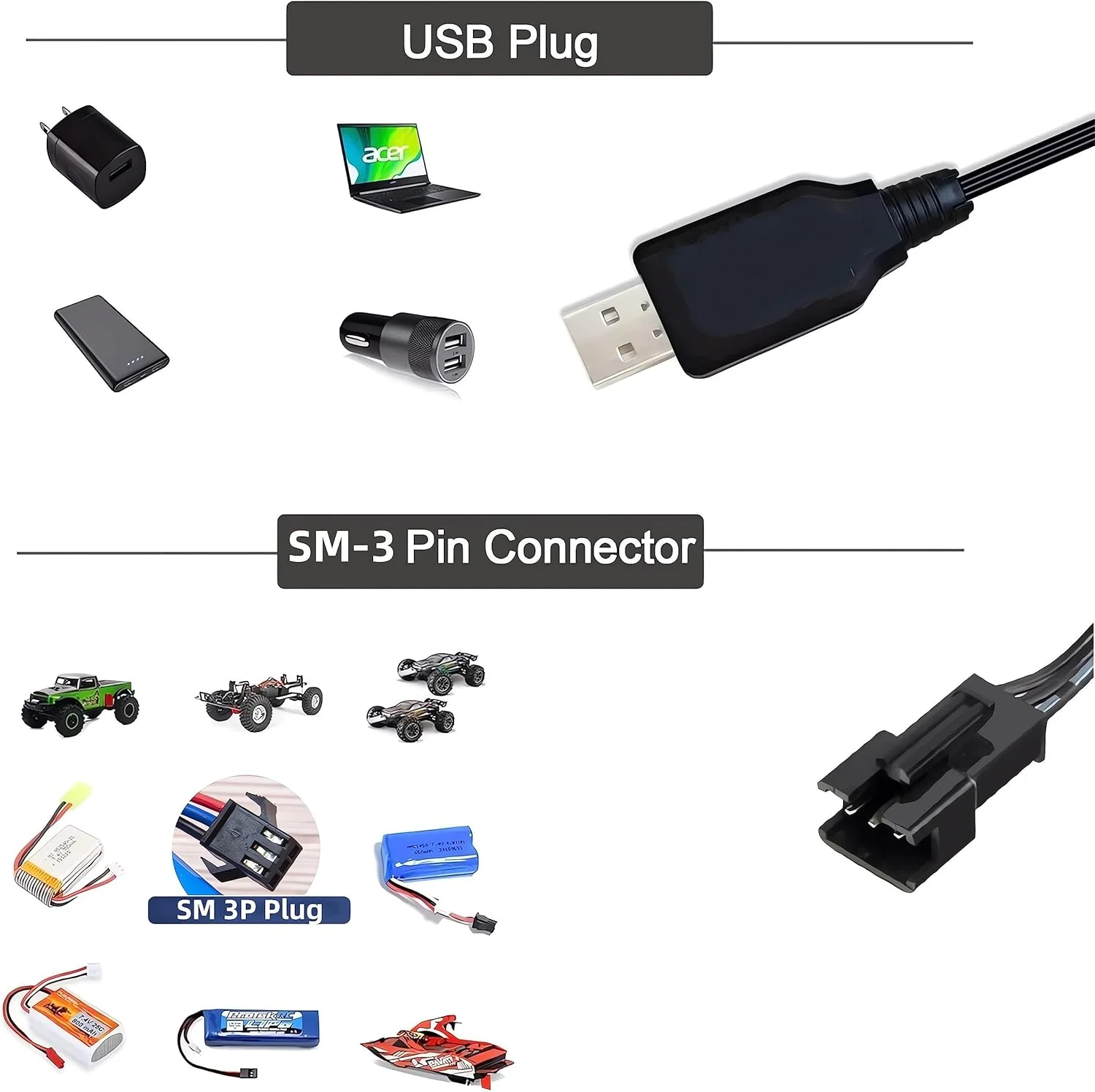 کابل شارژر USB یونیورسال Aliwisdom با کانکتور SM-3P برای باتری لیتیوم پلیمر 7.4 ولت، سازگار با ماشین کنترلی، قایق کنترلی، پهپاد کنترلی، هواپیماهای کنترلی و سایر اسباب بازی های کنترل از راه دور.