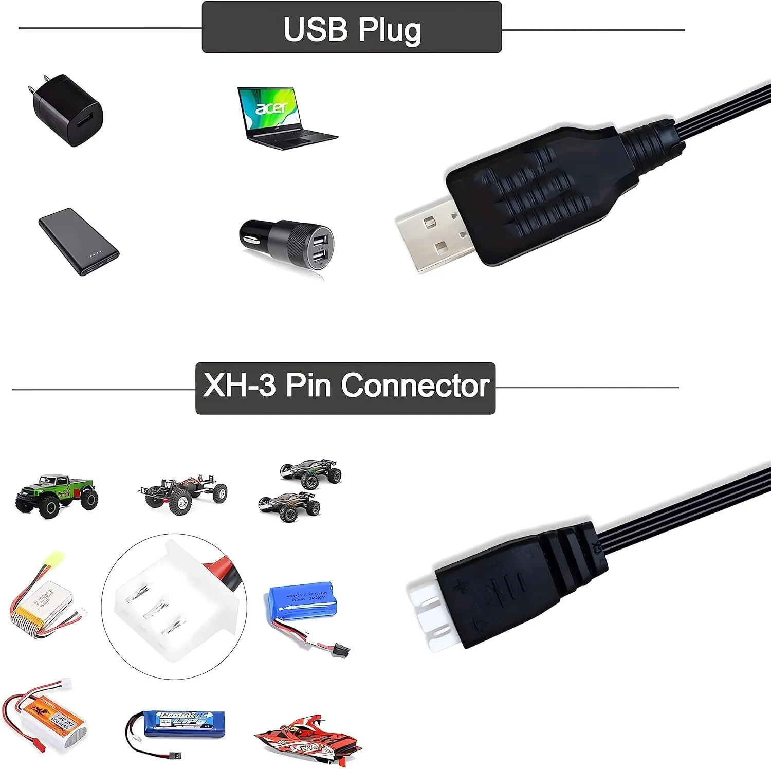 کابل شارژر USB RC یونیورسال Aliwisdom با کانکتور XH-3P برای باتری لیتیوم پلیمری 7.4 ولت، سازگار با ماشین کنترلی/قایق کنترلی/هواپیمای کنترلی/پهپاد کنترلی و سایر اسباب بازی های کنترل از راه دور کابل شارژر USB RC یونیورسال Aliwisdom با کانکتور XH-3P برای باتری لیتیوم پلیمری 7.4 ولت، سازگار با ماشین کنترلی/قایق کنترلی/هواپیمای کنترلی/پهپاد کنترلی و سایر اسباب بازی های کنترل از راه دور
