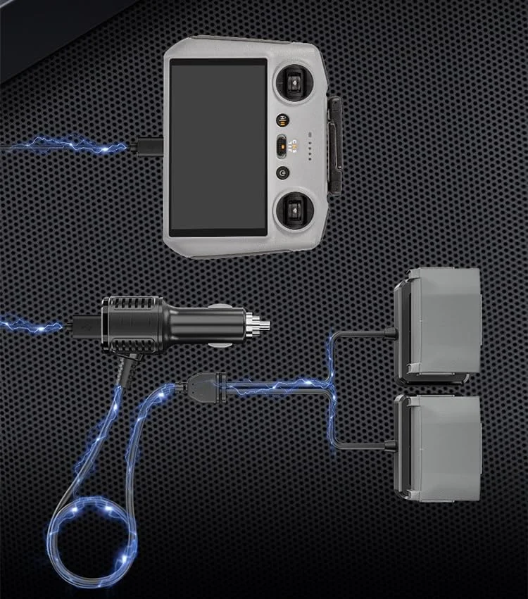 شارژر فندکی باتری 2 در 1 TERRIFI برای پهپاد DJI Mini 3 Pro - آداپتور شارژ سریع برای باتری ها و ریموت کنترل، پشتیبانی از شارژ همزمان باتری ها و ریموت کنترل، برای پهپاد DJI Mini 3 Pro